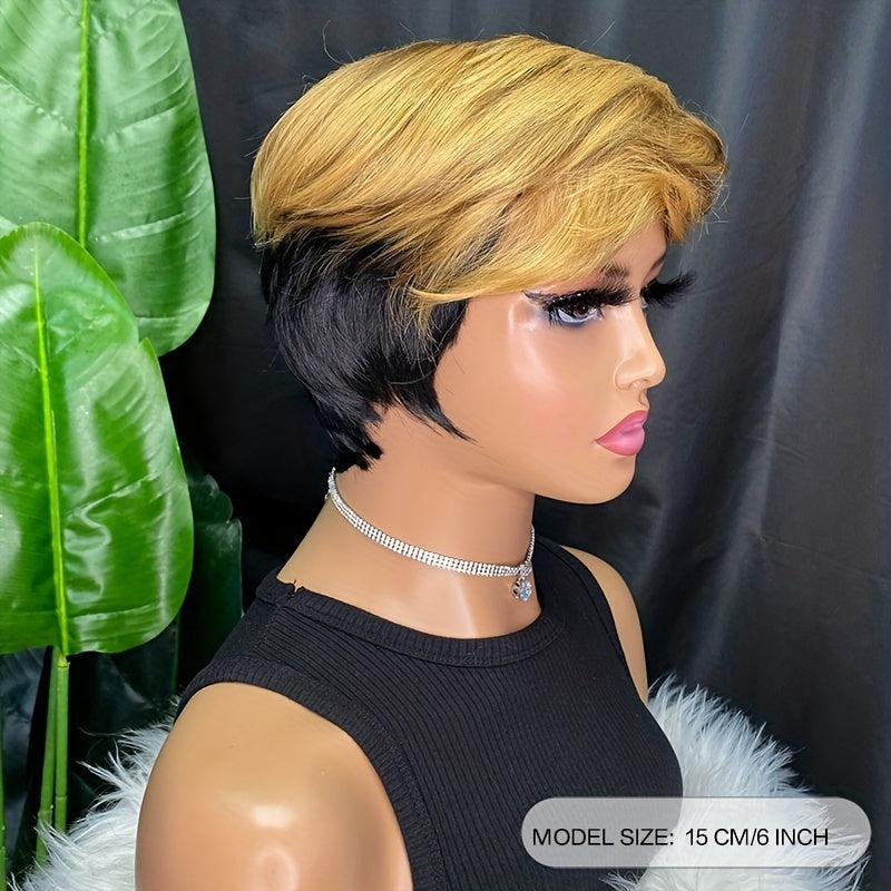 Wavy Ombre Brown Mixed Short Pixie Wig With Bangs