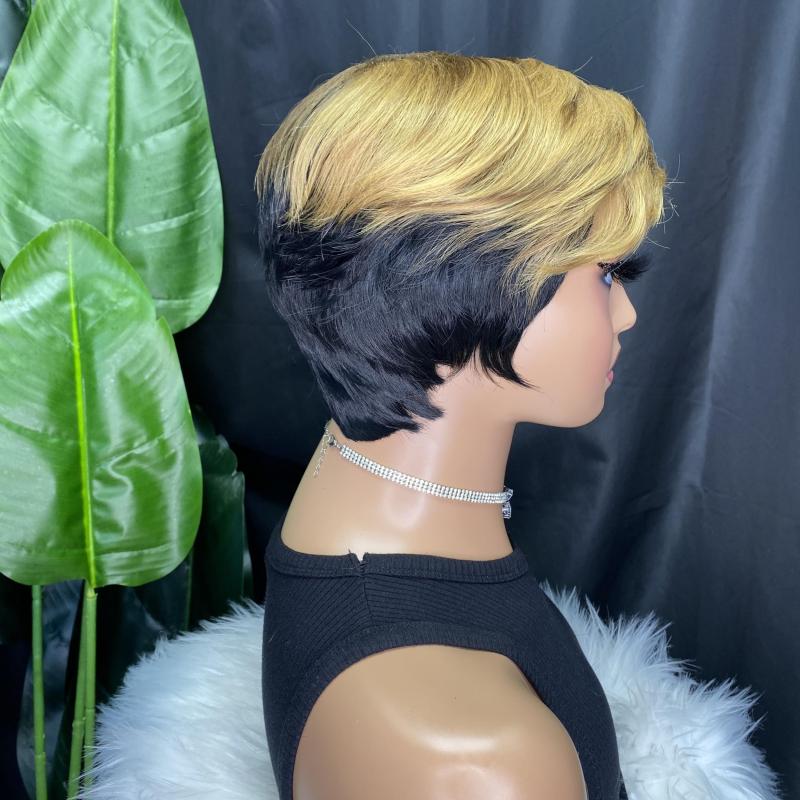Wavy Ombre Brown Mixed Short Pixie Wig With Bangs