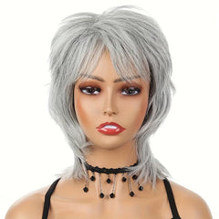 Short Gray Synthetic Wig with Bangs for Women