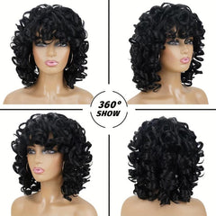 Short Afro Curly Bob Cut Wig With Bangs Synthetic Wig