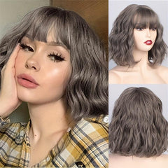Short Curly Bob Cut Wig With Bangs Synthetic Wig Heat Resistant