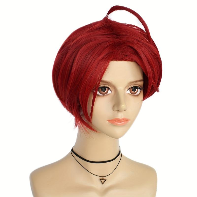 Wine Red Short Straight Hair Wig for Cosplay Role Play & Wig Cap