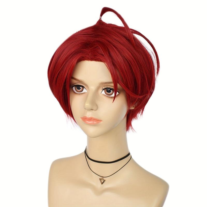 Wine Red Short Straight Hair Wig for Cosplay Role Play & Wig Cap