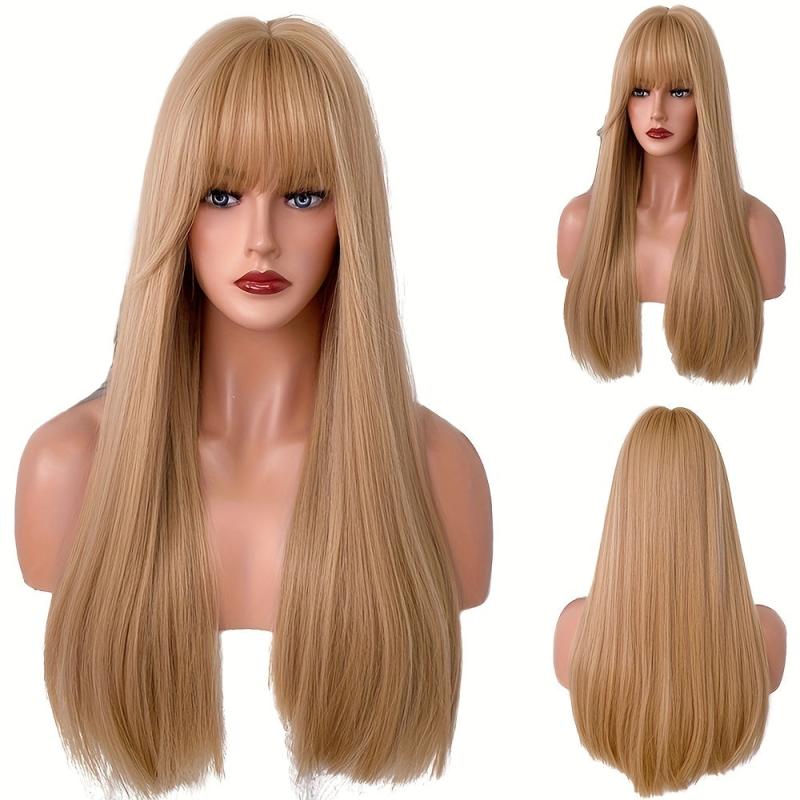 Honey Golden Long Straight Hair Wigs With Bangs Synthetic Fiber Hair Wigs
