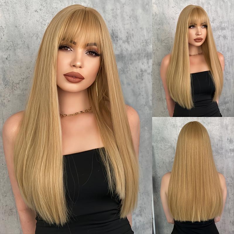 Honey Golden Long Straight Hair Wigs With Bangs Synthetic Fiber Hair Wigs