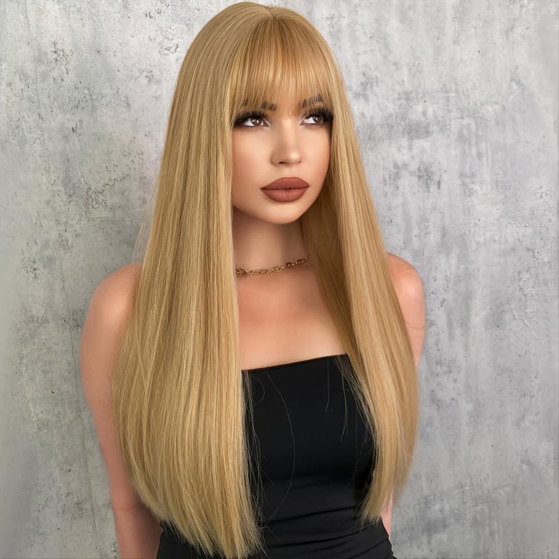 Honey Golden Long Straight Hair Wigs With Bangs Synthetic Fiber Hair Wigs
