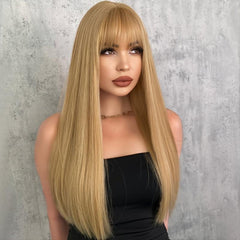Honey Golden Long Straight Hair Wigs With Bangs Synthetic Fiber Hair Wigs