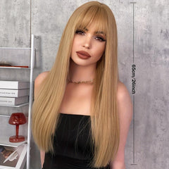 Honey Golden Long Straight Hair Wigs With Bangs Synthetic Fiber Hair Wigs