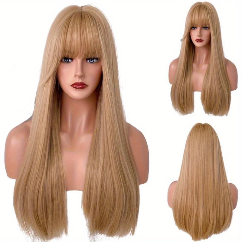 Honey Golden Long Straight Hair Wigs With Bangs Synthetic Fiber Hair Wigs