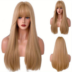 Honey Golden Long Straight Hair Wigs With Bangs Synthetic Fiber Hair Wigs