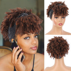 Short Kinky Curly Headband Wig with Bangs for Women