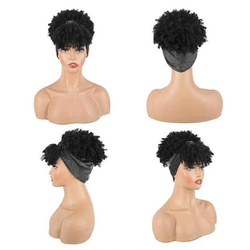 Short Kinky Curly Headband Wig with Bangs for Women