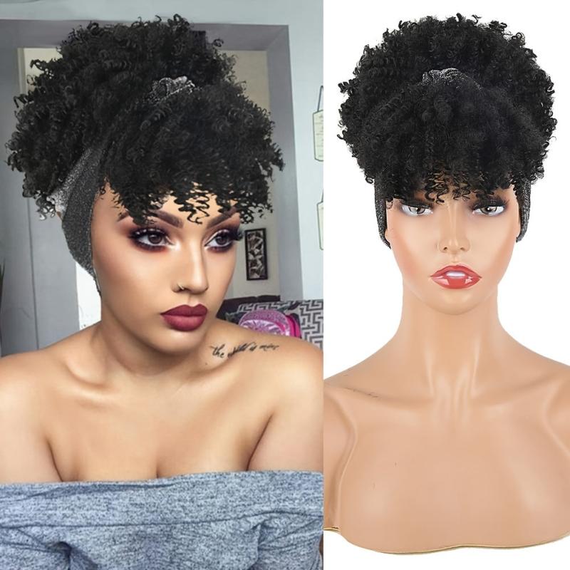 Short Kinky Curly Headband Wig with Bangs for Women