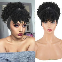 Short Kinky Curly Headband Wig with Bangs for Women