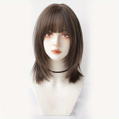 Medium Straight Layered Bob Wig With Bangs Synthetic Wig