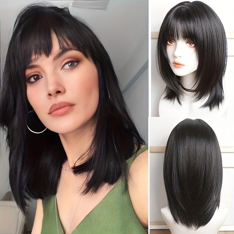 Medium Straight Layered Bob Wig With Bangs Synthetic Wig