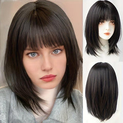 Medium Straight Layered Bob Wig With Bangs Synthetic Wig