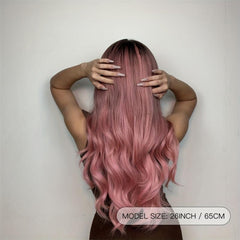 Long Pink Wig With Bangs Ombre Pink Wigs For Women Natural Curly Wavy Wig