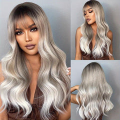 Long Pink Wig With Bangs Ombre Pink Wigs For Women Natural Curly Wavy Wig