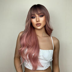 Long Pink Wig With Bangs Ombre Pink Wigs For Women Natural Curly Wavy Wig