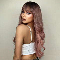 Long Pink Wig With Bangs Ombre Pink Wigs For Women Natural Curly Wavy Wig