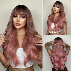 Long Pink Wig With Bangs Ombre Pink Wigs For Women Natural Curly Wavy Wig