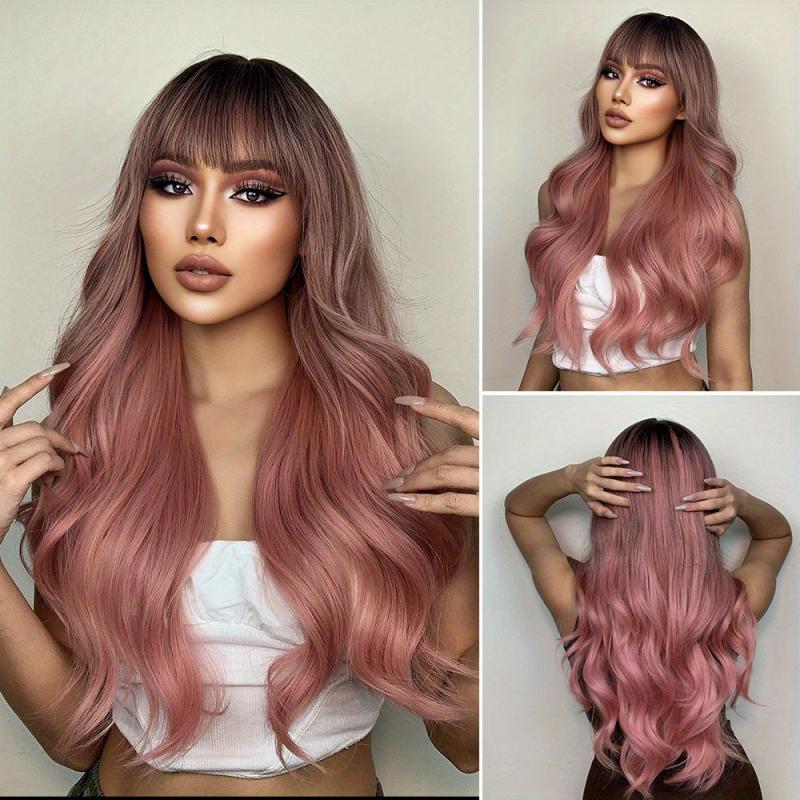Long Pink Wig With Bangs Ombre Pink Wigs For Women Natural Curly Wavy Wig