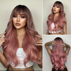 Long Pink Wig With Bangs Ombre Pink Wigs For Women Natural Curly Wavy Wig