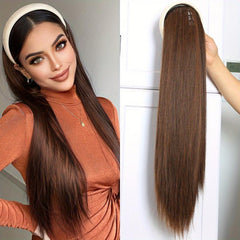 Long Straight Headband Wig Synthetic Brown Half Wig