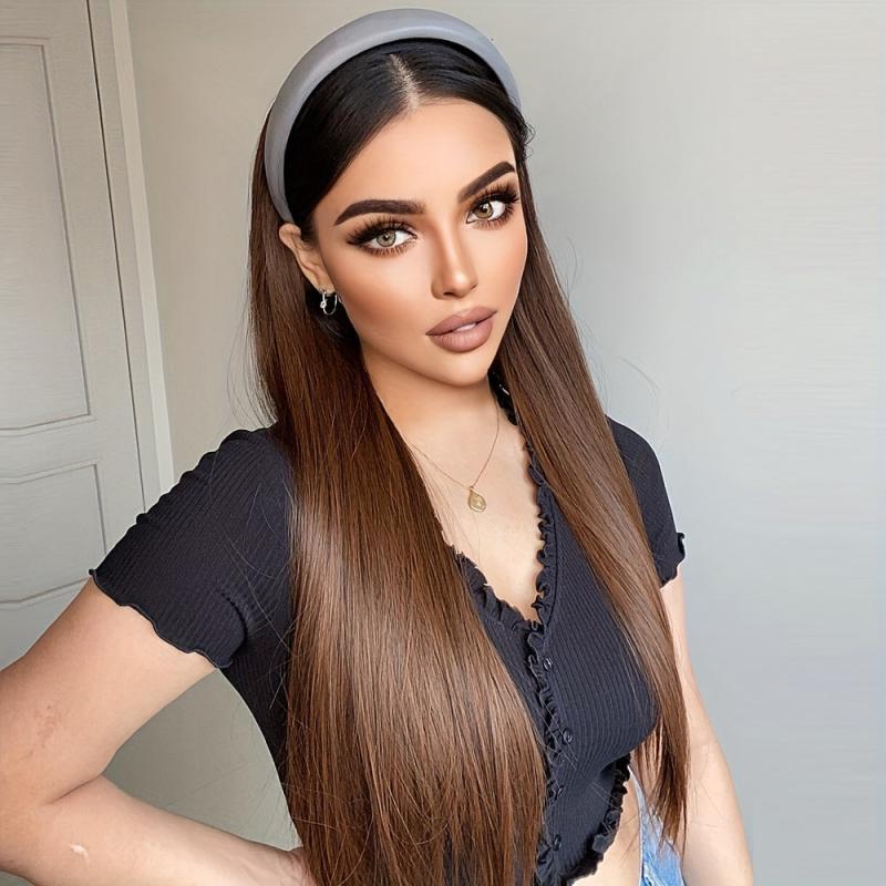 Long Straight Headband Wig Synthetic Brown Half Wig