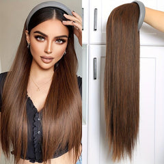 Long Straight Headband Wig Synthetic Brown Half Wig