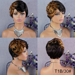 Ombre Pixie Cut Wig Human Hair Short Big Wavy Wig