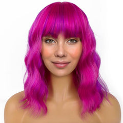 Short Wavy Wig With Bangs Natural Synthetic Shoulder Length Bob Colored Wig