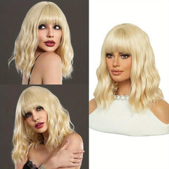Short Wavy Wig With Bangs Natural Synthetic Shoulder Length Bob Colored Wig