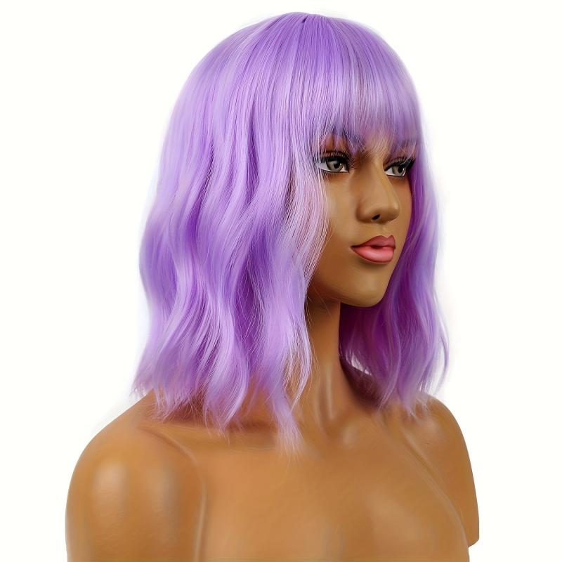 Short Wavy Wig With Bangs Natural Synthetic Shoulder Length Bob Colored Wig