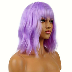 Short Wavy Wig With Bangs Natural Synthetic Shoulder Length Bob Colored Wig