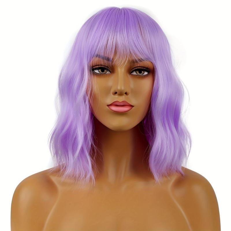 Short Wavy Wig With Bangs Natural Synthetic Shoulder Length Bob Colored Wig
