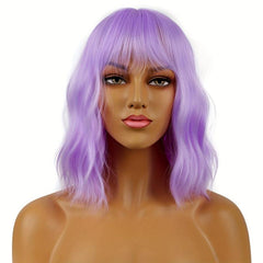 Short Wavy Wig With Bangs Natural Synthetic Shoulder Length Bob Colored Wig