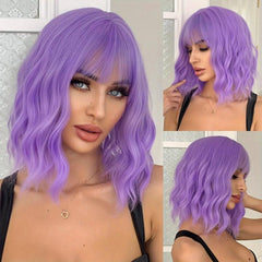 Short Wavy Wig With Bangs Natural Synthetic Shoulder Length Bob Colored Wig