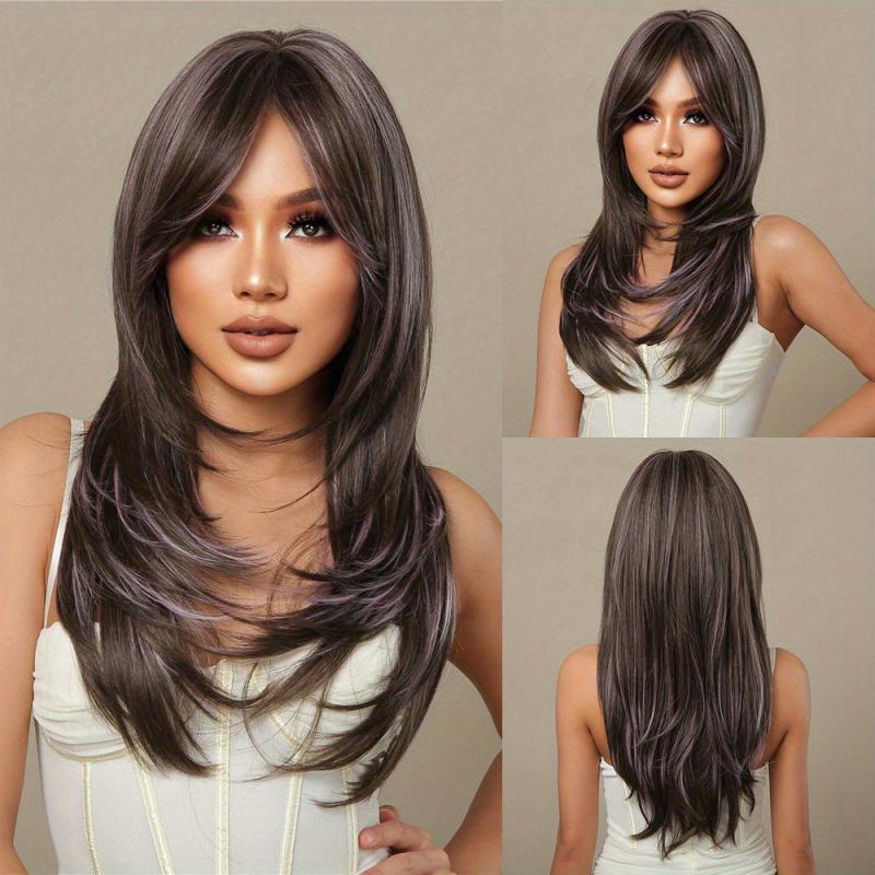 66 04 Cm Dark Brown Long Straight Hair With Bangs Stylish Synthetic Wig LC259