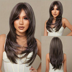 66 04 Cm Dark Brown Long Straight Hair With Bangs Stylish Synthetic Wig LC259