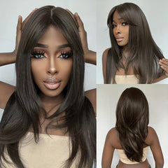 66 04 Cm Dark Brown Long Straight Hair With Bangs Stylish Synthetic Wig LC259