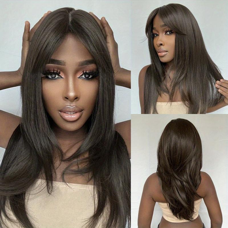 66 04 Cm Dark Brown Long Straight Hair With Bangs Stylish Synthetic Wig LC259