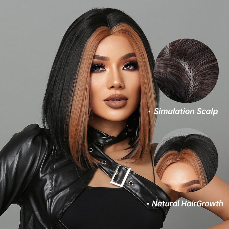 Golden Brown Highlight Short Bob Wig Middle Part Straight Hair