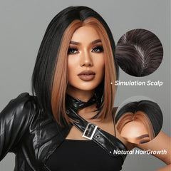 Golden Brown Highlight Short Bob Wig Middle Part Straight Hair
