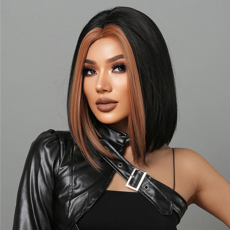 Golden Brown Highlight Short Bob Wig Middle Part Straight Hair