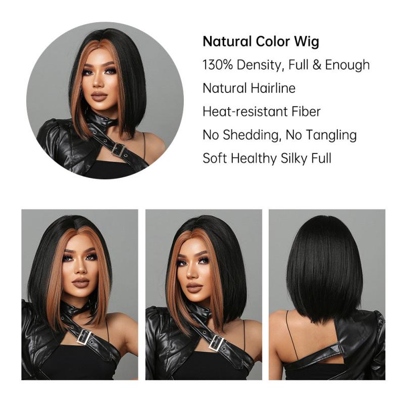 Golden Brown Highlight Short Bob Wig Middle Part Straight Hair