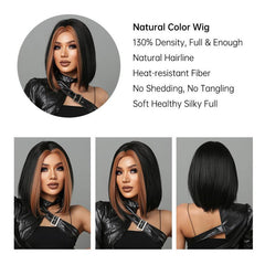 Golden Brown Highlight Short Bob Wig Middle Part Straight Hair