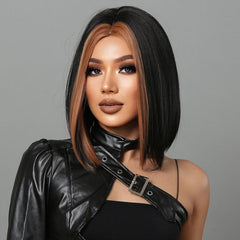 Golden Brown Highlight Short Bob Wig Middle Part Straight Hair