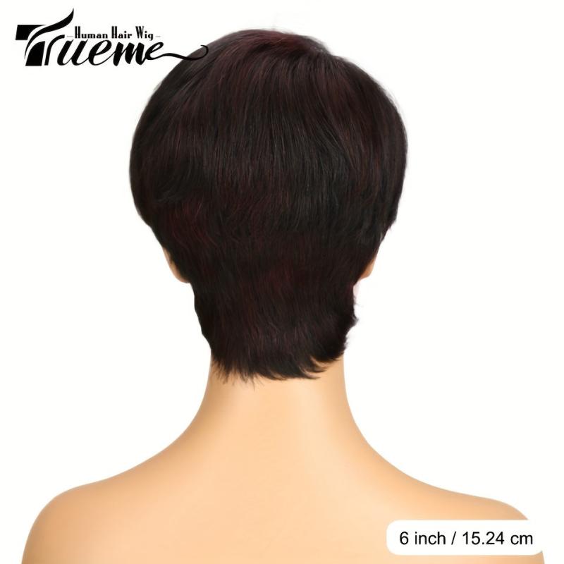 Short Pixie Cut Bob Human Hair Wig Highlight Brown Burgundy Red 150 Density